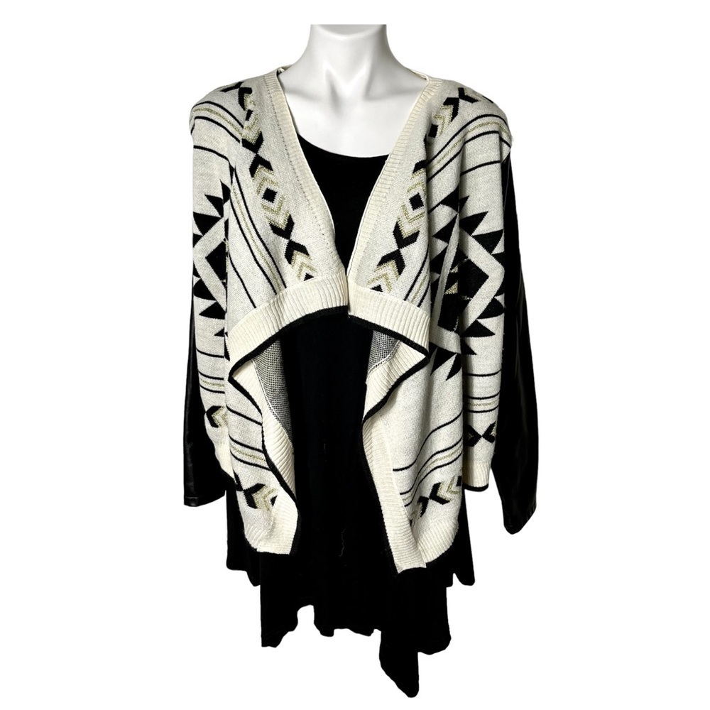 Gianni Bini Aztec Cardigan With Faux Leather Sleeves Size Small Black & Gold